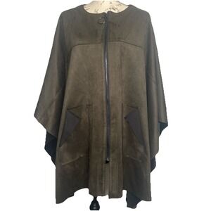 IC BY CONNIE K Green/Olive Faux Suede Poncho Womens XL Full Zip Pockets NWT Soft